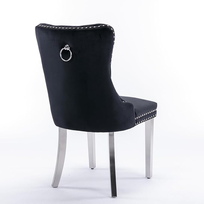 Ball & Cast Contemporary Upholstered Dining Chairs Set of 2, Velvet Button Tufted Kitchen Side-Chairs with Hang Ring & Nailhead Trims & Chrome Solid Wood Legs, 2-Piece Traditional Chair, Chrome+Black