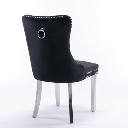 Ball & Cast Contemporary Upholstered Dining Chairs Set of 2, Velvet Button Tufted Kitchen Side-Chairs with Hang Ring & Nailhead Trims & Chrome Solid Wood Legs, 2-Piece Traditional Chair, Chrome+Black