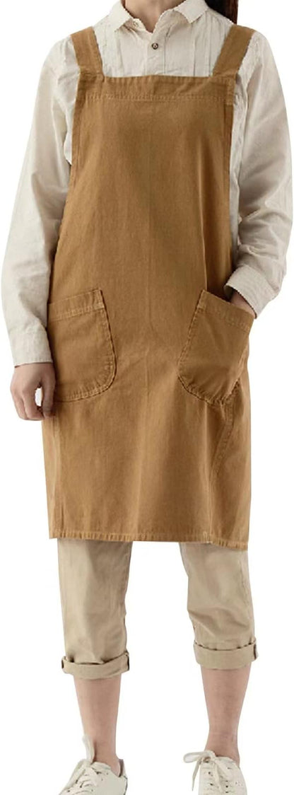Japanese Cotton Linen Cross Back Apron with Pockets,Fashion Pinafore Dress for Gardening Painting Cleaning Cooking