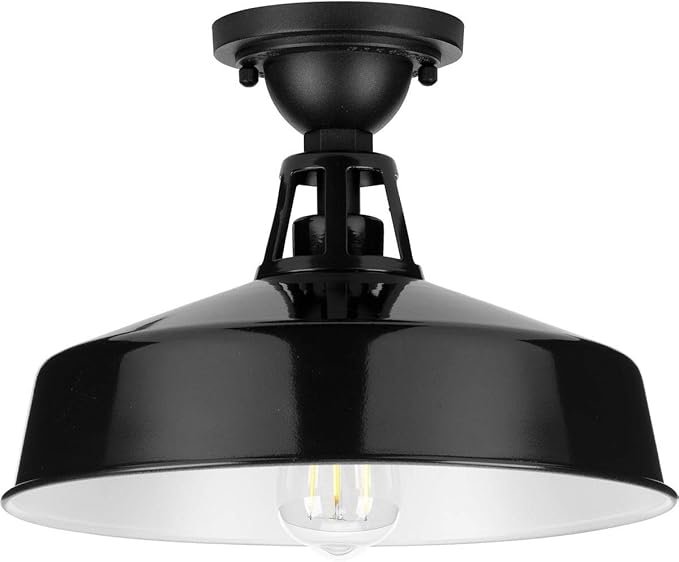 Progress Lighting Cedar Springs Collection 1-Light Farmhouse Outdoor Semi-Flush Mount Light Gloss Black, 9.50x13.25x13.25