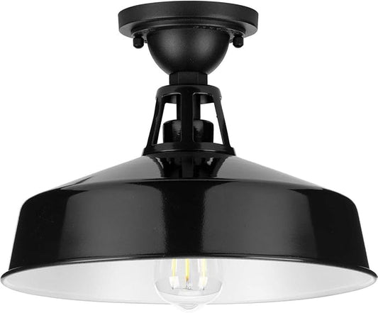 Progress Lighting Cedar Springs Collection 1-Light Farmhouse Outdoor Semi-Flush Mount Light Gloss Black, 9.50x13.25x13.25