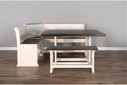 Pemberly Row Farmhouse Wood Kitchen Corner Counter Height Breakfast Dining Nook Set, Corner Conversation Booth Bench with Hidden Storage in White and Brown