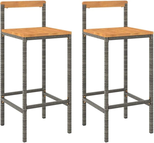 Modern Grey Poly Rattan Bar Stool Set of 2 with Acacia Wood Accents and Footrests for Indoor Outdoor Dining