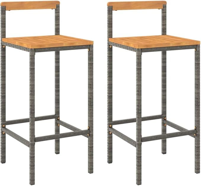 Modern Grey Poly Rattan Bar Stool Set of 2 with Acacia Wood Accents and Footrests for Indoor Outdoor Dining, Durable Steel Frame and Comfortable Seating