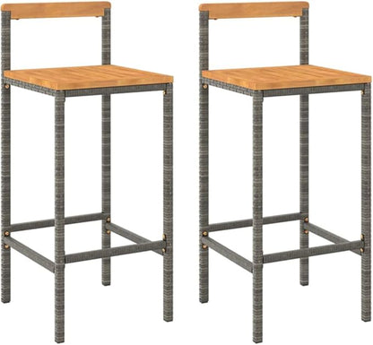 Modern Grey Poly Rattan Bar Stool Set of 2 with Acacia Wood Accents and Footrests for Indoor Outdoor Dining, Durable Steel Frame and Comfortable Seating