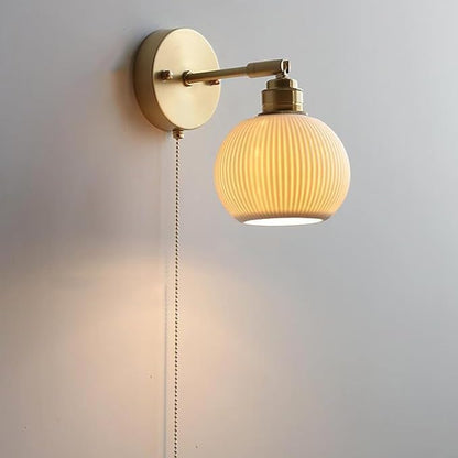 Vintage Wall Light Fixtures Ceramic Wall Lamp with White Globe Shade Gold Brass Wall Sconces Pull Chain Switch Wall Light for Bedroom Living Room Study Aisle