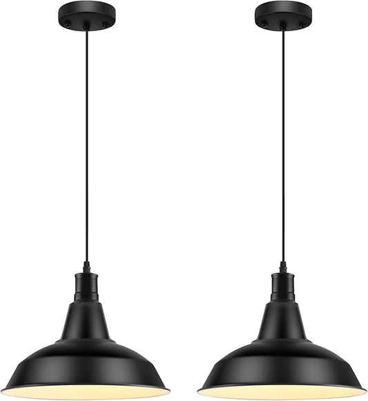 LOEHINLE Pendant Light Fixtures, 2Pcs Farmhouse Kitchen Island Lights Fixture, Industrial Hanging Pendant Lighting for Dining Room Bedroom, Black Metal Pendant Lamp, E26 Base, 12.2in
