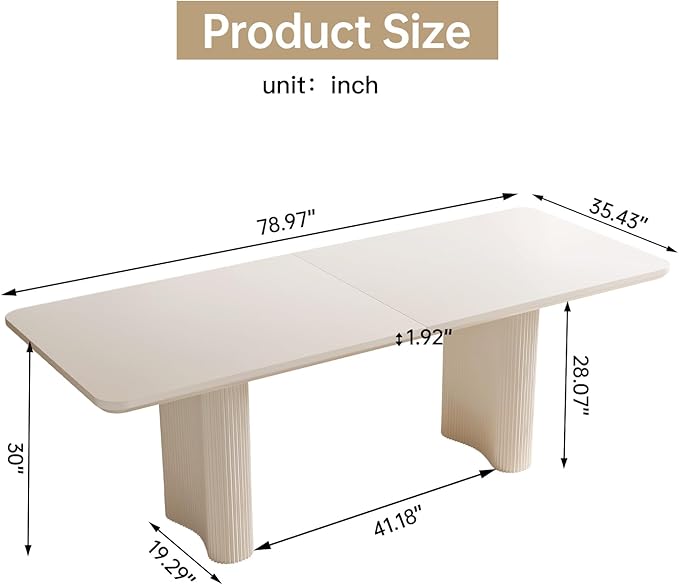 Miuuod 79" Cream White Dining Table for 4-8 People Large Rectangular Kitchen Table Modern Farmhouse Wood Dining Room Table for Living Room Home Office Workspace Easy Assembly