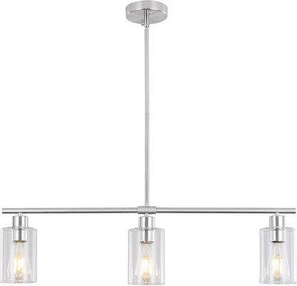 3 Lights Kitchen Island Lighting Brushed Nickel Pendant Light Fixtures with Glass Shade 31" Dining Room Chandeliers Adjustable Height Modern Linear Ceiling Hanging Light for Living Room, Foyer
