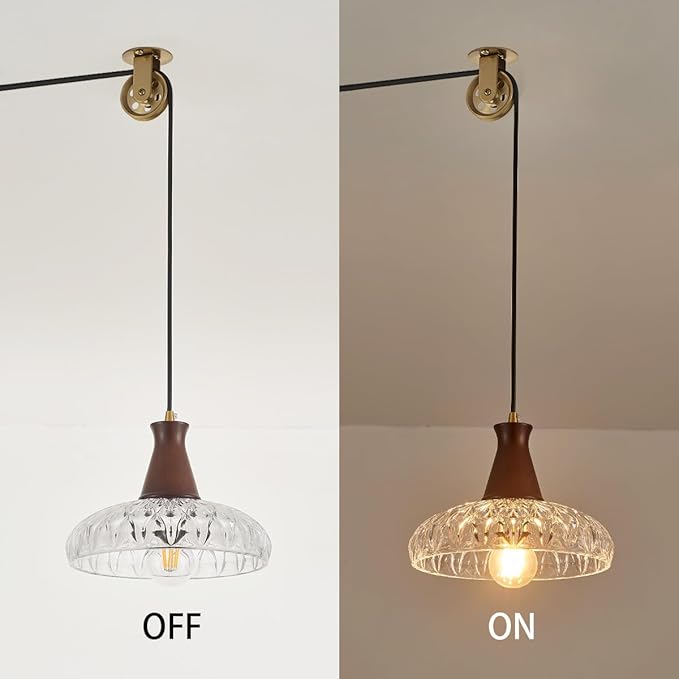YLONG-ZS Hanging Lamp Plug in,Hanging Lights with Plug in Cord Glass Modern Pulley Walnut Color Wood Plug in Pendant Lights Vintage for Kitchen Island,Living Room,Bedroom,Dining Room,Corner