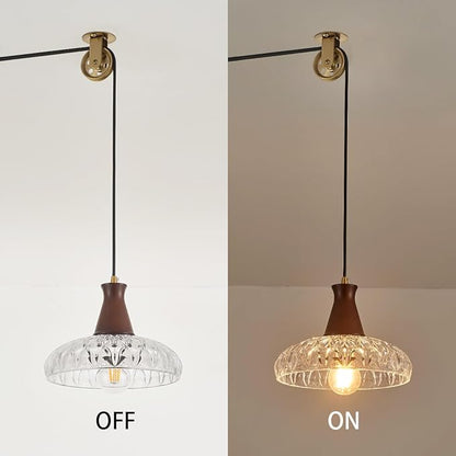 YLONG-ZS Hanging Lamp Plug in,Hanging Lights with Plug in Cord Glass Modern Pulley Walnut Color Wood Plug in Pendant Lights Vintage for Kitchen Island,Living Room,Bedroom,Dining Room,Corner