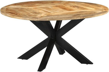 Round Dining Table, Solid Mango Wood, Natural Finish, 59.1 Inch, Seats 6, Sturdy Iron Frame, for Kitchen & Dining