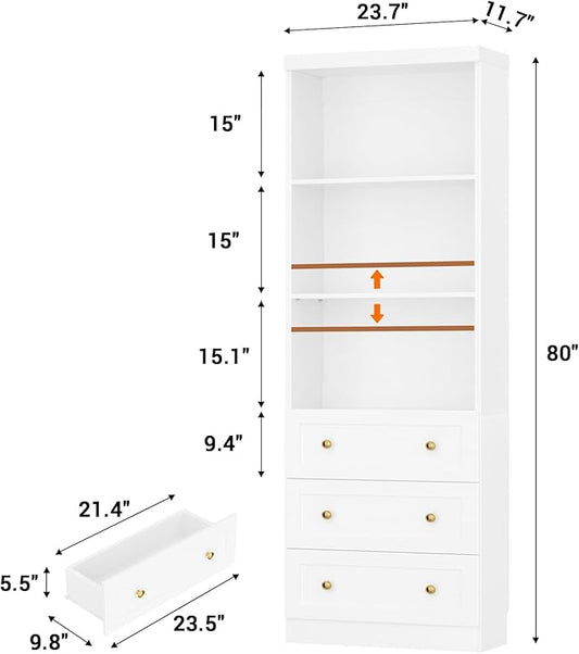 Cyclysio 80" Kitchen Pantry Cabinet with 3 Drawers, Tall Storage Cabinet Wood Food Pantry with Thickened Top Panel and Adjustable Shelves, Versatile Cupboard for Kitchen, Dining Room (2, White)