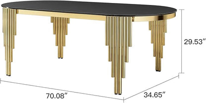 Luxury Modern 70" Oval Black Dining Table with Tempered Glass Top and Gold Stainless Steel Base – Elegant Dining Room Furniture
