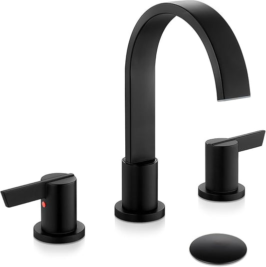 Midanya 8 inch Widespread Bathroom Sink Faucet,Modern Waterfall 3 Hole 2 Handles Bathroom Faucet 8" Vanity Faucets with Pop Up Drain and Water Supply Lines,Matte Black