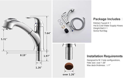 Kitchen Faucet with Sprayer, Brushed Nickel Kitchen Sink Faucet with Pull Out Sprayer, Single Handle 1 Hole Kitchen Faucets Solid Brass Commercial RV Kitchen Faucet 2 Modes & 150°Rotation & No Lead