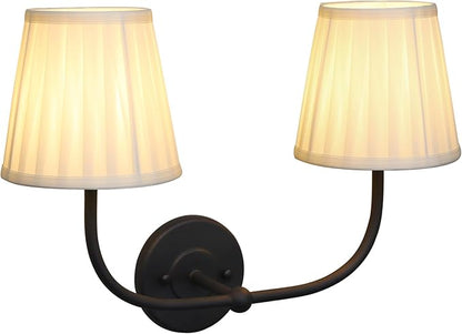 PERMO Vintage Double Sconce Black 2 Light Sconces with Pleated Beige Stripe Fabric Shades Wall Sconces Hardwired Light for Bathroom Bedroom Hallway