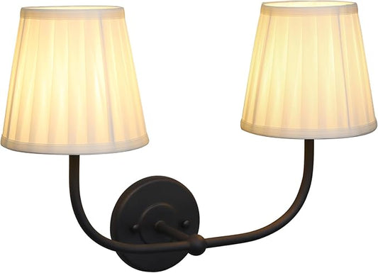 PERMO Vintage Double Sconce Black 2 Light Sconces with Pleated Beige Stripe Fabric Shades Wall Sconces Hardwired Light for Bathroom Bedroom Hallway