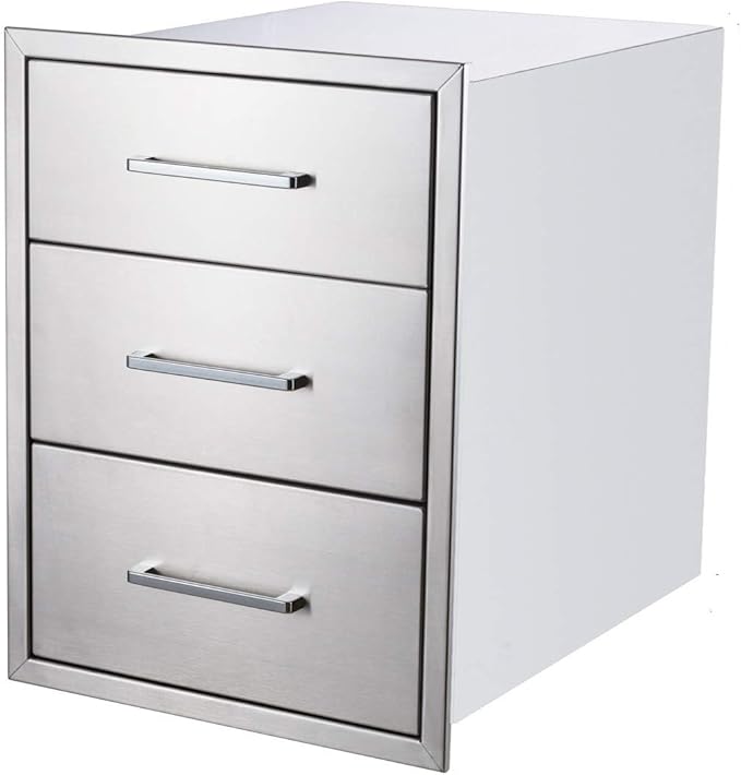 Outdoor Kitchen Drawers, 17" W x 18" D x 24" H Stainless Steel Triple Access BBQ Drawer, Flush Mount Enclosed Drawer with Handle for Outdoor Kitchens & BBQ Islands, No Installation Required