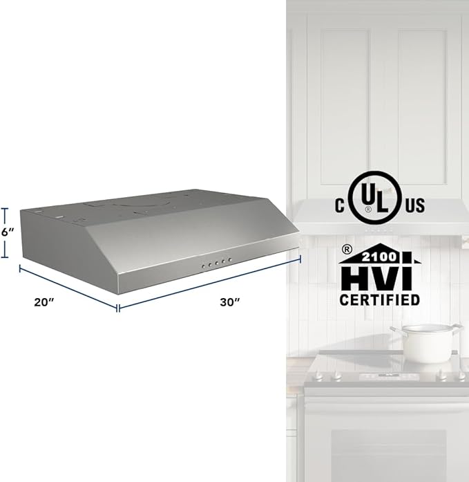 Broan-NuTone BCSQ130SS Three-Speed Glacier Under-Cabinet Range Hood with LED Lights ADA Capable, 1.5 Sones, 375 Max Blower CFM, 30-Inch, Stainless Steel