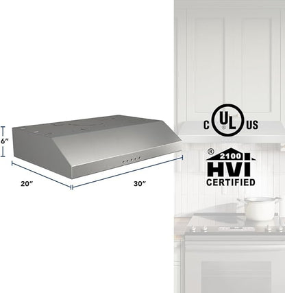 Broan-NuTone BCSQ130SS Three-Speed Glacier Under-Cabinet Range Hood with LED Lights ADA Capable, 1.5 Sones, 375 Max Blower CFM, 30-Inch, Stainless Steel