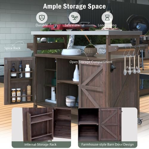Bellemave Outdoor Kitchen Island with Stainless Steel Top, Rolling Bar Cart & Storage Cabinet, Outdoor Grill Cart with Spice & Towel Rack, Rolling Island Table for Kitchen & BBQ, Dark Brown
