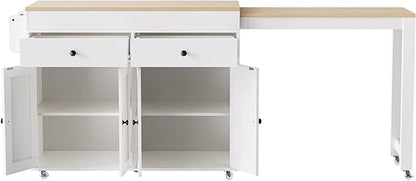 Polibi 74.5 Inch Kitchen Island with Extendable Dining Table, Rolling Storage Cart on Wheels, 2 Drawers & 4-Door Cabinet with Spice Rack, White