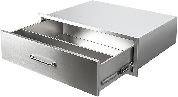 Outdoor Kitchen Drawers, 30" W x 23" D x 10" H Stainless Steel Single Access BBQ Drawer, Flush Mount Enclosed Drawer with Handle for Outdoor Kitchens & BBQ Islands, No Installation Required