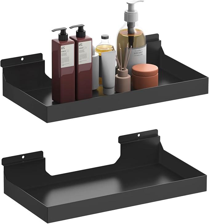 2 Pcs 16X8 Inch Slatwall Shelves, Heavy Duty Slatwall Baskets, Metal Slat Wall Shelves Accessories, Metal Retail Display for Storage and Organization, Black
