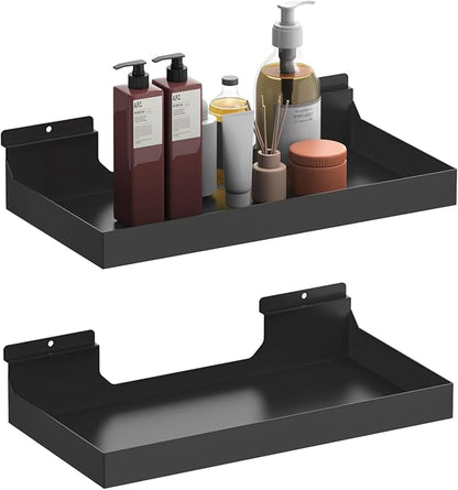 2 Pcs 16X8 Inch Slatwall Shelves, Heavy Duty Slatwall Baskets, Metal Slat Wall Shelves Accessories, Metal Retail Display for Storage and Organization, Black