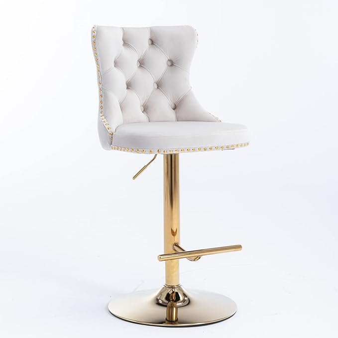 Rhomtree Velvet Swivel Bar Stools Upholstered Bar Stool with Button Tufted Back and Pull Ring Height Adjustable Barstools 25-33 Inch for Home Pub and Kitchen Island (Beige with Gold Base, Set of 8)