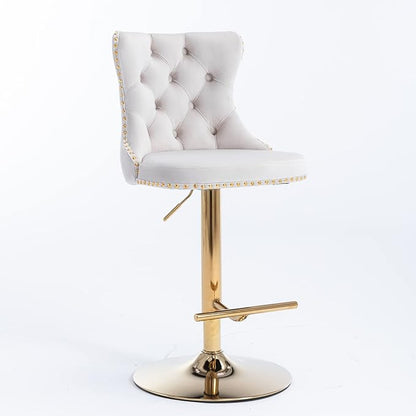 Rhomtree Velvet Swivel Bar Stools Upholstered Bar Stool with Button Tufted Back and Pull Ring Height Adjustable Barstools 25-33 Inch for Home Pub and Kitchen Island (Beige with Gold Base, Set of 8)