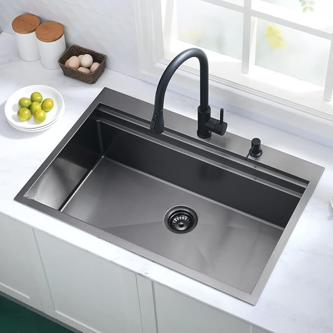 Black Kitchen Sink Drop In Workstation-Hovheir 30x22 Drop In Top Mount Kitchen Sink Black Stainless Steel Workstation Sinks 16 Gauge 304 Single Bowl Deep Overmount Sinks with Cutting Board