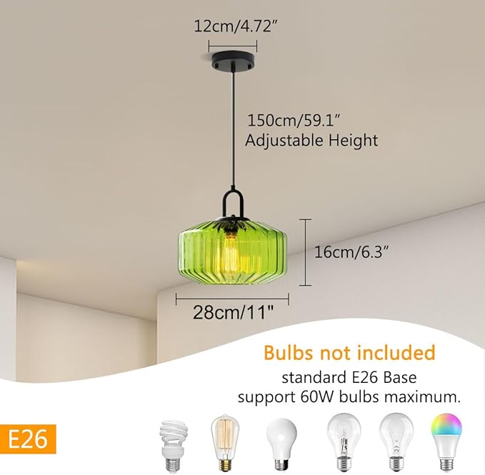 Green Glass Pendant Light Fixture Modern Hand Blown Pendant Lights with Large Glass Shade, Mid Century Pendant Light Green Globe Hanging Lighting for Dining Bedroom Table Kitchen Island
