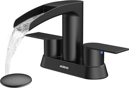Bathroom Sink Faucet for 3 Hole, Hurran 4 Inch Bathroom Faucets with Pop-up Drain, Stainless Steel 2-Handle Waterfall Faucet for Bathroom Sink, Matte Black