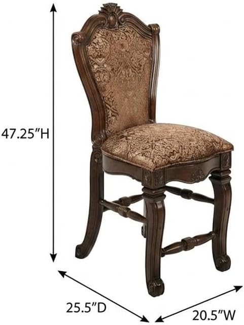 Michael Amini Windsor Court Brown Counter Height Chair Solid Wood Frame Bronze Jacquard Upholstery Set of 2 Comfortable Rubberwood Seating for Kitchen Island