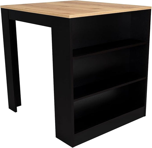 Kitchen Counter Dining Table with 2 Legs and 3 Open Side Shelves Modern Elegant Auxiliary Dining Table for Storage Practical(Black)