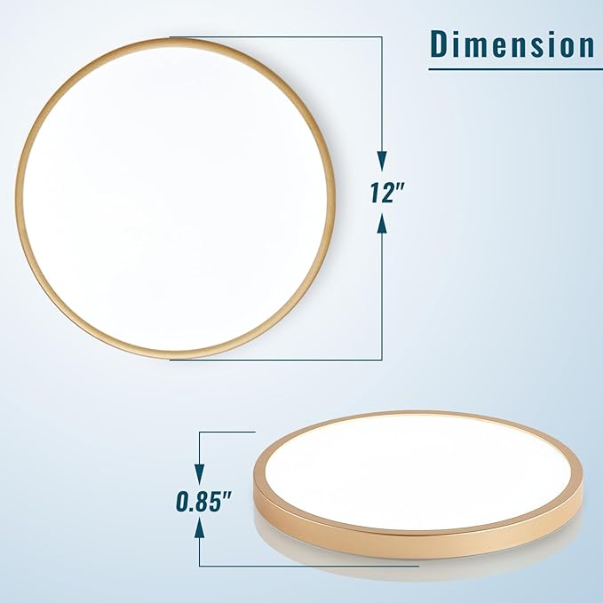 Gold LED Flush Mount Ceiling Light Fixture, 12inch 28W 5000k Daylight LED Ceiling Light, Ultra Slim Flush Mount for Bedroom, Living Room, Dining Room, Kitchen, Hallway