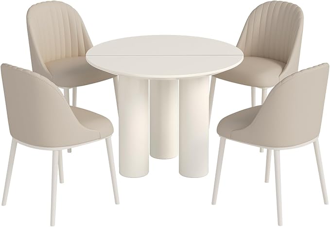 Miuuod 39.37in White Round Dining Table with 4 Chairs,Sturdy Kitchen Desk, Space Saving Coffee Table Set for 2-4 People,Leisure Side Table for Balcony,Center Sofa Table for Small Space