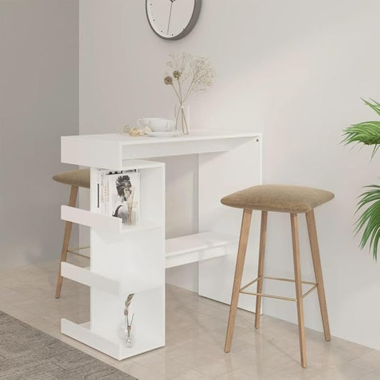 White Bar Table with Storage Rack 39.4in Long x 19.7in Wide x 40.0in High Engineered Wood Matte Finish Modern Design for Kitchen Dining Room Home Bar and Small Spaces