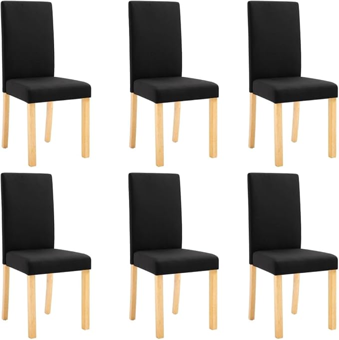 Dining Chair Set of 6 Black Fabric Upholstered with Solid Rubber Wood Frame Modern Ergonomic Design for Dining Room Kitchen and Living Room
