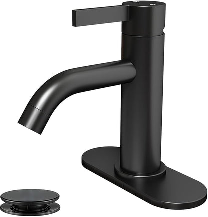 Fransiton Matte Black Bathroom Faucet Single Hole with Pop-Up Bathroom Drain and Flexible Hoses Single Handle Bathroom Sink Faucet w/Deck Plate(1 or 3 Hole) for Vanity Sinks, RV, Farmhouse