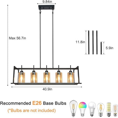 DSMJFU Matte Black Farmhouse Dining Room Lighting Fixture, 5-Light Linear Pendant Lighting, Rectangle Kitchen Light with Amber Glass Shades, Adjustable Height Rectangle Hanging for Kitchen Table
