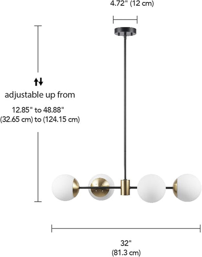 GLOBE Electric 67000064 4-Light Convertible Flush Mount Chandelier, Matte Black, Brass Accents, Opal Glass, Light Fixtures Ceiling Mount, Ceiling Light for Bedroom, Lighting for Hallway