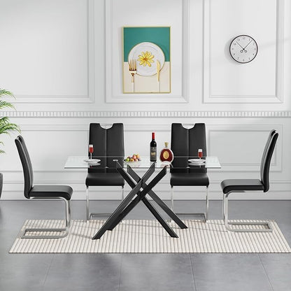 51.18" Rectangular Glass Dining Table, Tempered Glass Small Kitchen Table with Metal Tubular Legs, Stylish and Sturdy Clear Dinner Table for Home and Outdoor