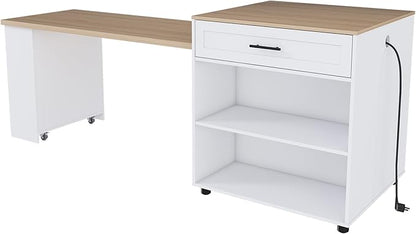 Leavader 80-inch Expandable Kitchen Island with Dining Table, Solid Wood Grain Countertop with Power Outlet, Mobile Storage Cart with Cabinet & 2 Drawers, Kitchen Prep Table