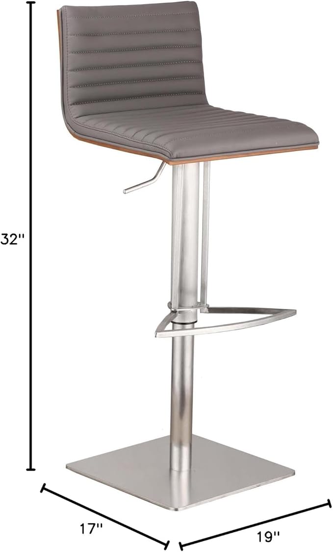 Armen Living LCCASWBAGRB201 Café Adjustable Barstool in Grey Faux Leather and Brushed Stainless Steel Finish, Gray/Walnut, 31.5" x 19.29" x 17"