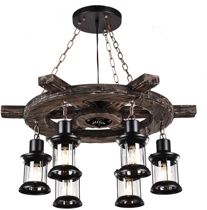 A Million Vintage Industrial Chandelier with Rudder Design, Rustic Wood Grain Color 6 E26 Socket Adjustable Hanging Chain Rustic Pendant Lighting