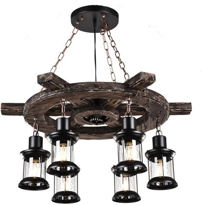A Million Vintage Industrial Chandelier with Rudder Design, Rustic Wood Grain Color 6 E26 Socket Adjustable Hanging Chain Rustic Pendant Lighting