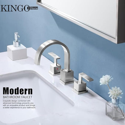 KINGO HOME 3 Hole Widespread Brushed Nickel Bathroom Faucet,Modern Waterfall 8 inch 2 Handle Bathroom Sink Faucet Vanity Bathroom Faucet for Sink 3 Hole with Pop Up Drain and Water Supply Lines